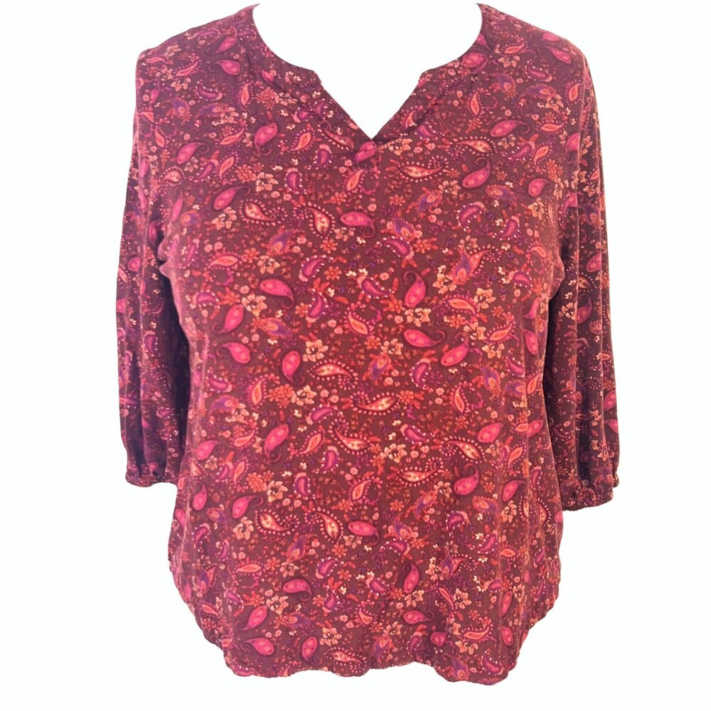Croft & Barrow Blouse Womens XL Peasant Top Brown Burgundy V-Neck 3/4 Sleeve
